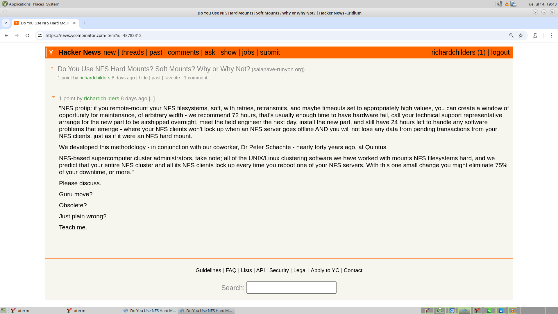 We posted this to YCombinator but, mysteriously, it never made it into the RSS feed. It was censored.

Because it was censored from the RSS feed nobody saw it and nobody replied to our queestion about NFS.

We refreshed the page one last time, and we saw a blank screen, and a bit of text: 'sorry'. Apparently the entire posting had been deleted. ... Oops! Now, the content has been restored. We smell politics.

Think about this. Every information technology cluster in the world that possesses its own search engines and English-literate professionals has access to this valuable NFS configuration information and has put it to good use reducing their downtime and increasing their uptime EXCEPT those countries that trust Silicon Valley and rely upon Google.

We think that someone at YCombinator recognized this as valuable intellectual property that could be repackaged and resold to clients on a case by case basis, with much profit.

We say, read between the lines. YCombinator is 'sorry' they got caught with their hand in the till, tampering with consensus reality.

YCombinator may also be concerned about legal liability. It seems likely that every time someone went looking for a UNIX expert and our name came up, the people representing the venture capitalists crossed it off. Were they asked to justify such an action there would be nothing to support such a management decision.

As we assess matters, YCombinator is more like an organization of loan sharks, or a huge pawn shop that buys vulnerable college students' ideas for pennies on the dollar, than it is a genuine movement of American venture capital. They don't build libraries; they shred them.